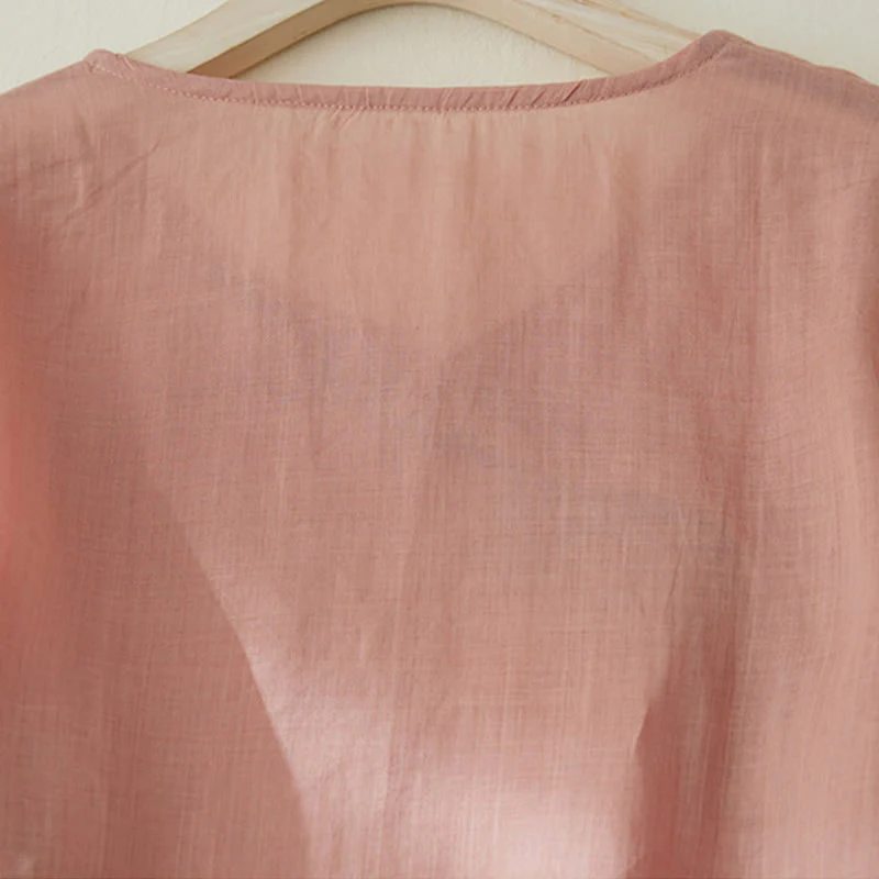 Camicia casual da donna in cotone e lino con maniche a tre quarti e ricamo di piante, motivo Buddha Stones - Image 4