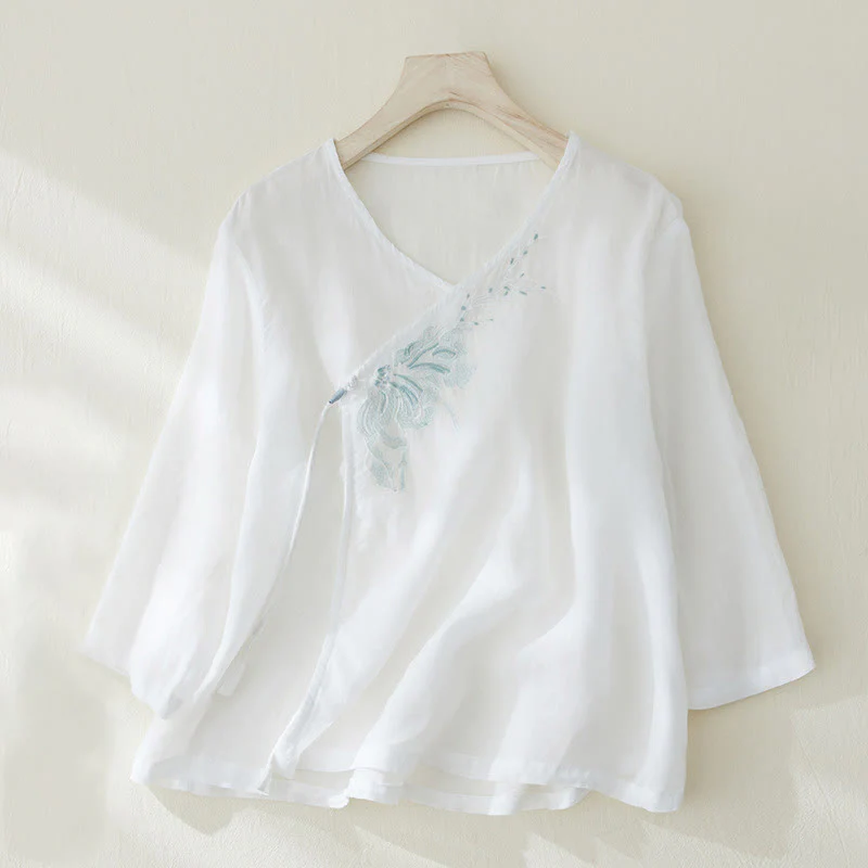 Camicia casual da donna in cotone e lino con maniche a tre quarti e ricamo di piante, motivo Buddha Stones - Image 8
