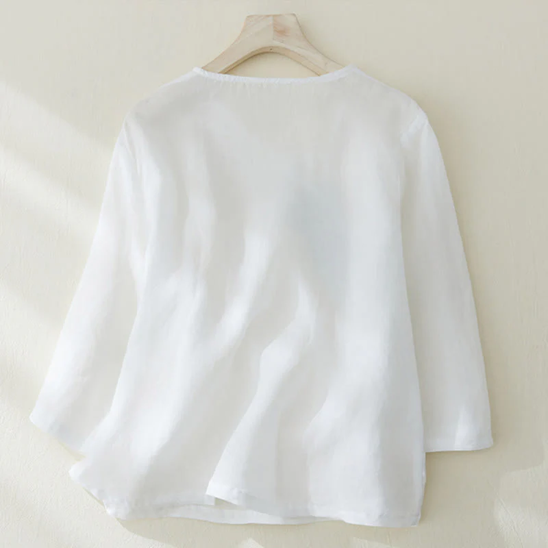 Camicia casual da donna in cotone e lino con maniche a tre quarti e ricamo di piante, motivo Buddha Stones - Image 9
