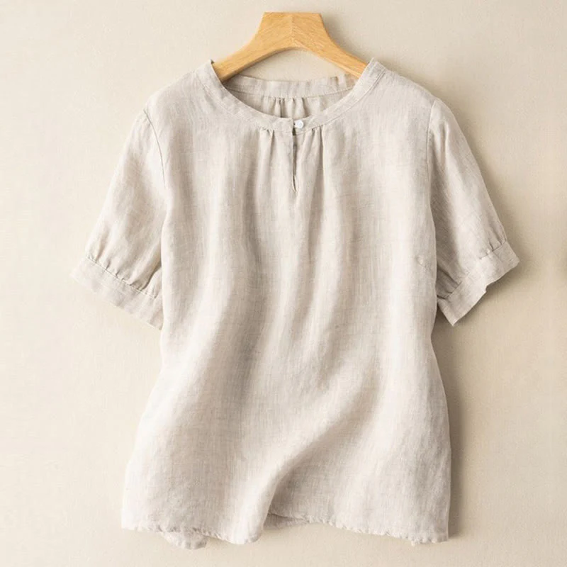 Camicia casual da donna in cotone e lino con scollo a giro semplice e bottoni, manica corta, modello Buddha Stones