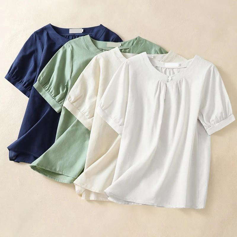 Camicia casual da donna in cotone e lino con scollo a giro semplice e bottoni, manica corta, modello Buddha Stones - Image 11