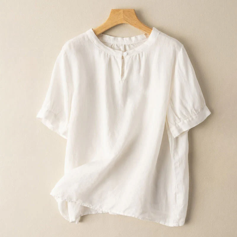 Camicia casual da donna in cotone e lino con scollo a giro semplice e bottoni, manica corta, modello Buddha Stones - Image 3
