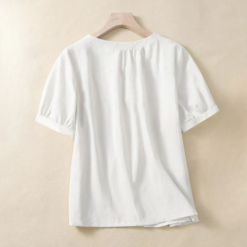 Camicia casual da donna in cotone e lino con scollo a giro semplice e bottoni, manica corta, modello Buddha Stones - Image 4