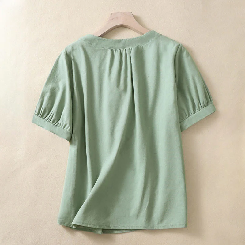 Camicia casual da donna in cotone e lino con scollo a giro semplice e bottoni, manica corta, modello Buddha Stones - Image 5