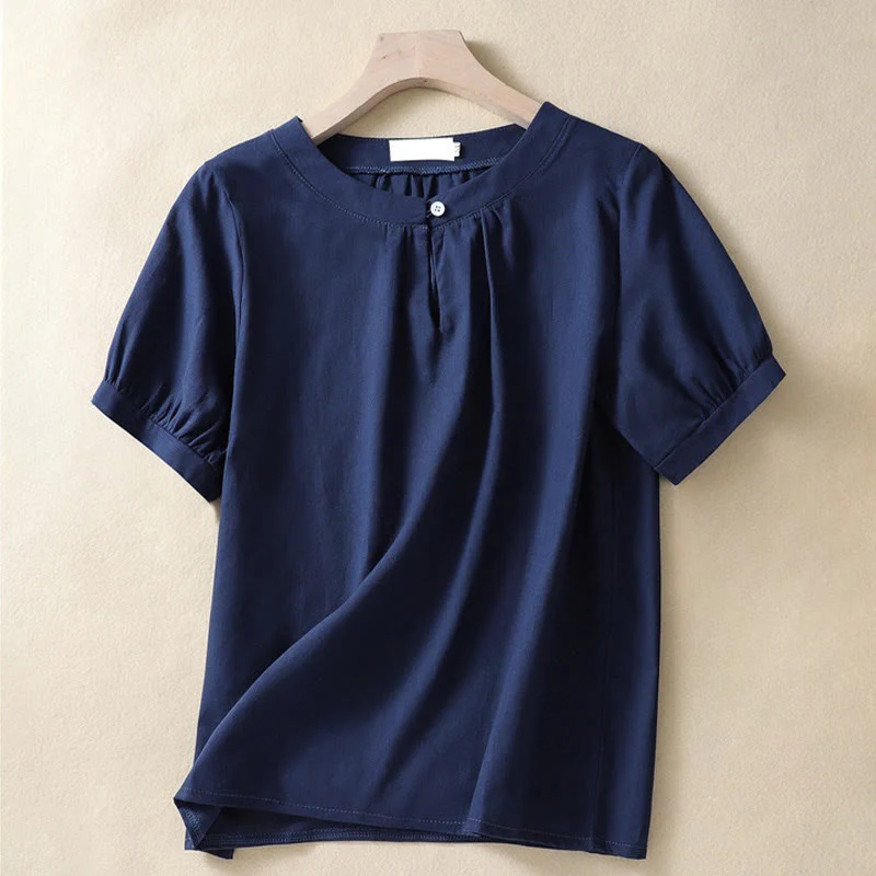 Camicia casual da donna in cotone e lino con scollo a giro semplice e bottoni, manica corta, modello Buddha Stones - Image 7