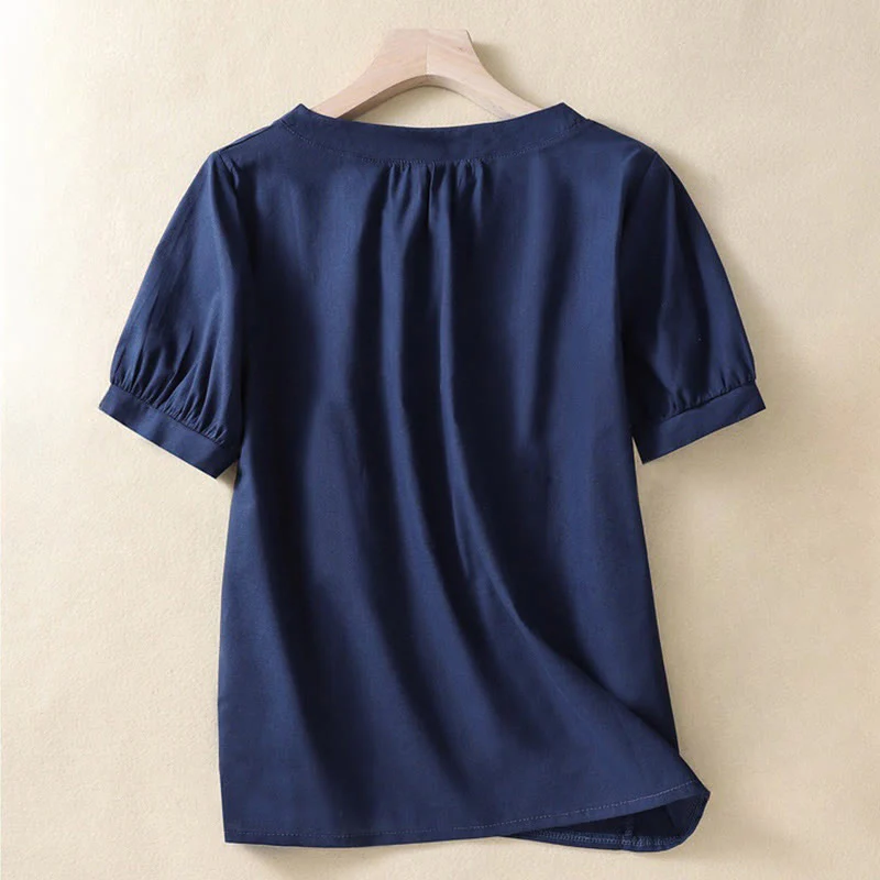Camicia casual da donna in cotone e lino con scollo a giro semplice e bottoni, manica corta, modello Buddha Stones - Image 8