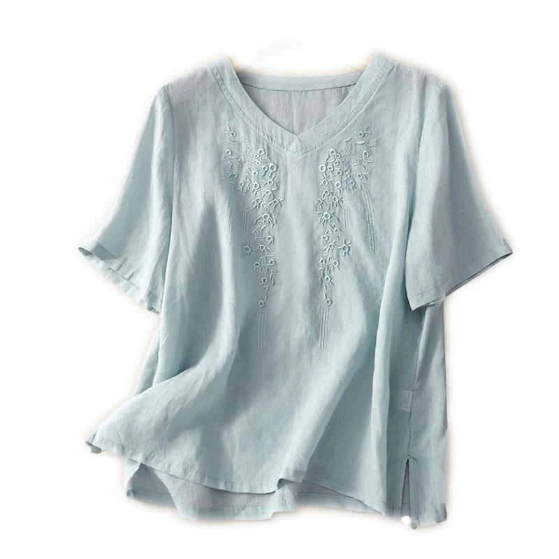 Camicia casual da donna in cotone e lino con scollo a V e fiori ricamati, manica corta, modello Buddha Stones - Image 23