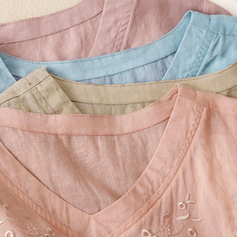 Camicia casual da donna in cotone e lino con scollo a V e fiori ricamati, manica corta, modello Buddha Stones - Image 29