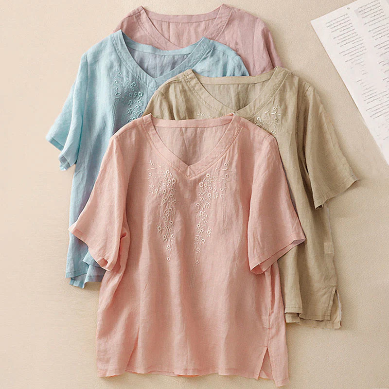 Camicia casual da donna in cotone e lino con scollo a V e fiori ricamati, manica corta, modello Buddha Stones - Image 30