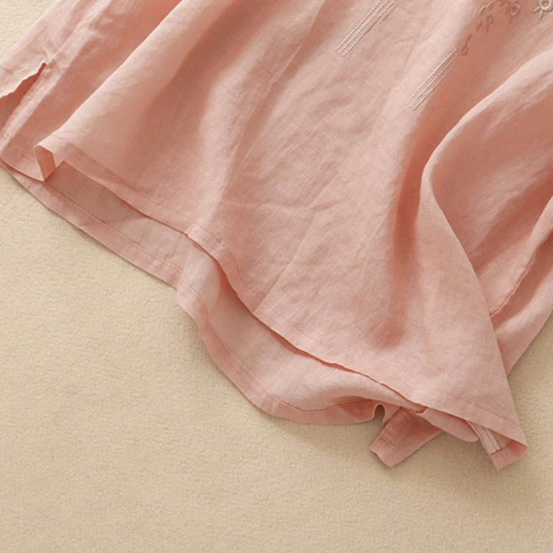 Camicia casual da donna in cotone e lino con scollo a V e fiori ricamati, manica corta, modello Buddha Stones - Image 4
