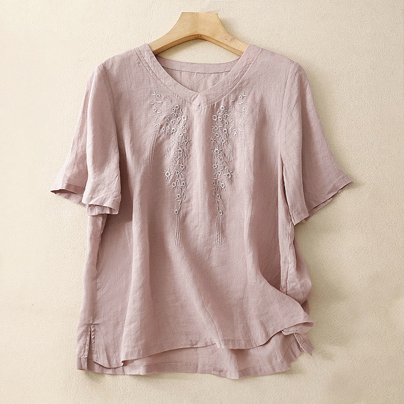 Camicia casual da donna in cotone e lino con scollo a V e fiori ricamati, manica corta, modello Buddha Stones - Image 7