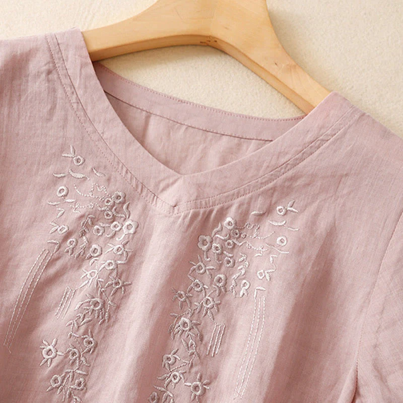 Camicia casual da donna in cotone e lino con scollo a V e fiori ricamati, manica corta, modello Buddha Stones - Image 8