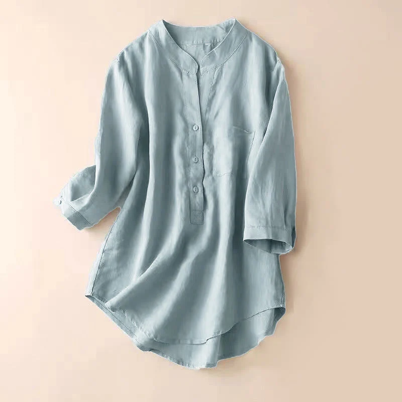 Camicia casual da donna in cotone e lino con scollo a V e maniche a tre quarti, motivo Buddha Stones