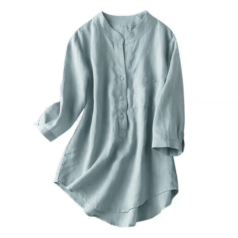 Camicia casual da donna in cotone e lino con scollo a V e maniche a tre quarti, motivo Buddha Stones - Image 4