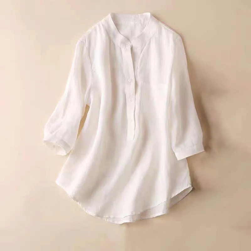 Camicia casual da donna in cotone e lino con scollo a V e maniche a tre quarti, motivo Buddha Stones - Image 8