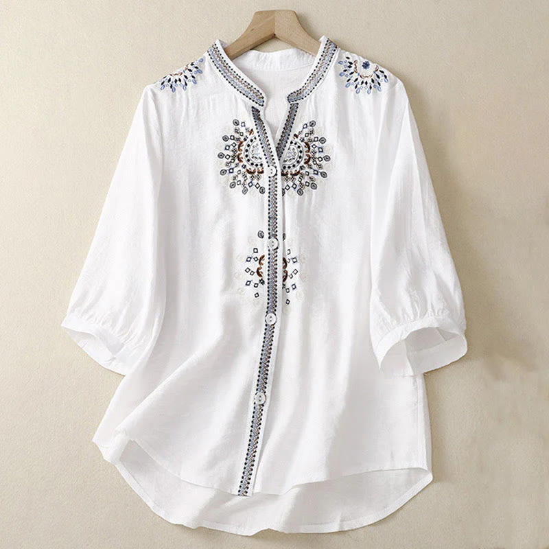 Camicia casual da donna in cotone e lino con scollo a V e maniche corte, motivo a fiori ricamati in Boemia, motivo Buddha Stones