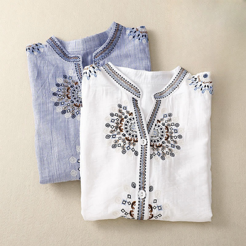 Camicia casual da donna in cotone e lino con scollo a V e maniche corte, motivo a fiori ricamati in Boemia, motivo Buddha Stones - Image 11