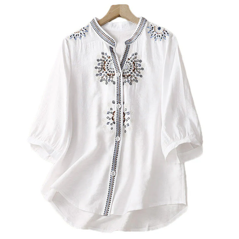 Camicia casual da donna in cotone e lino con scollo a V e maniche corte, motivo a fiori ricamati in Boemia, motivo Buddha Stones - Image 2