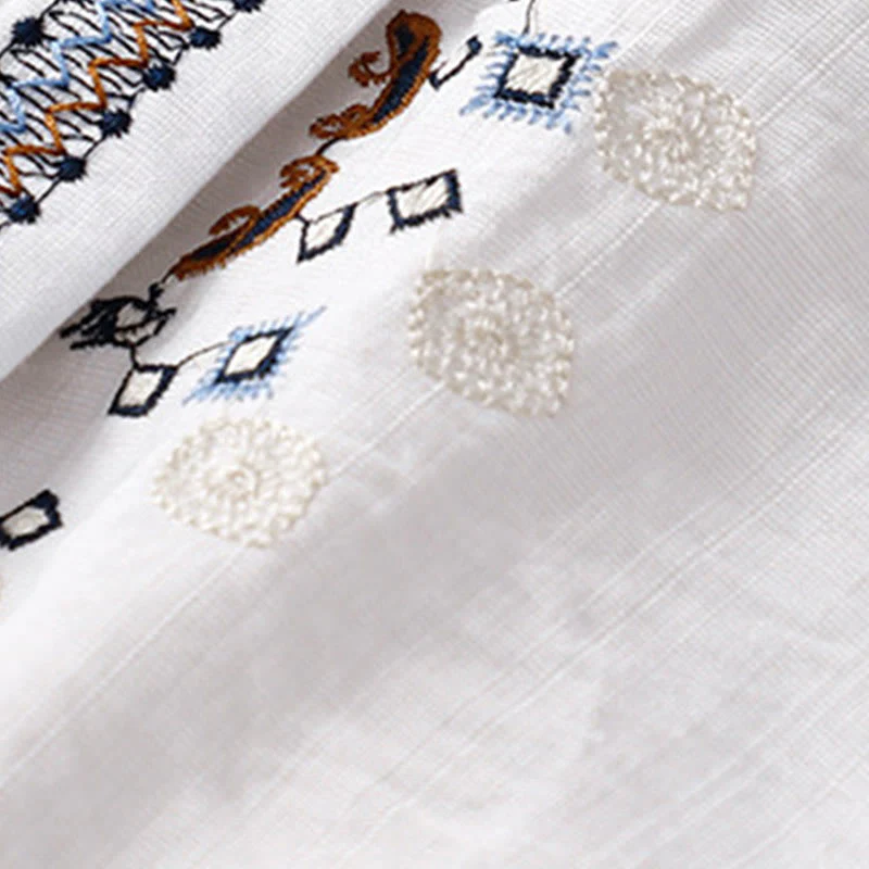 Camicia casual da donna in cotone e lino con scollo a V e maniche corte, motivo a fiori ricamati in Boemia, motivo Buddha Stones - Image 5
