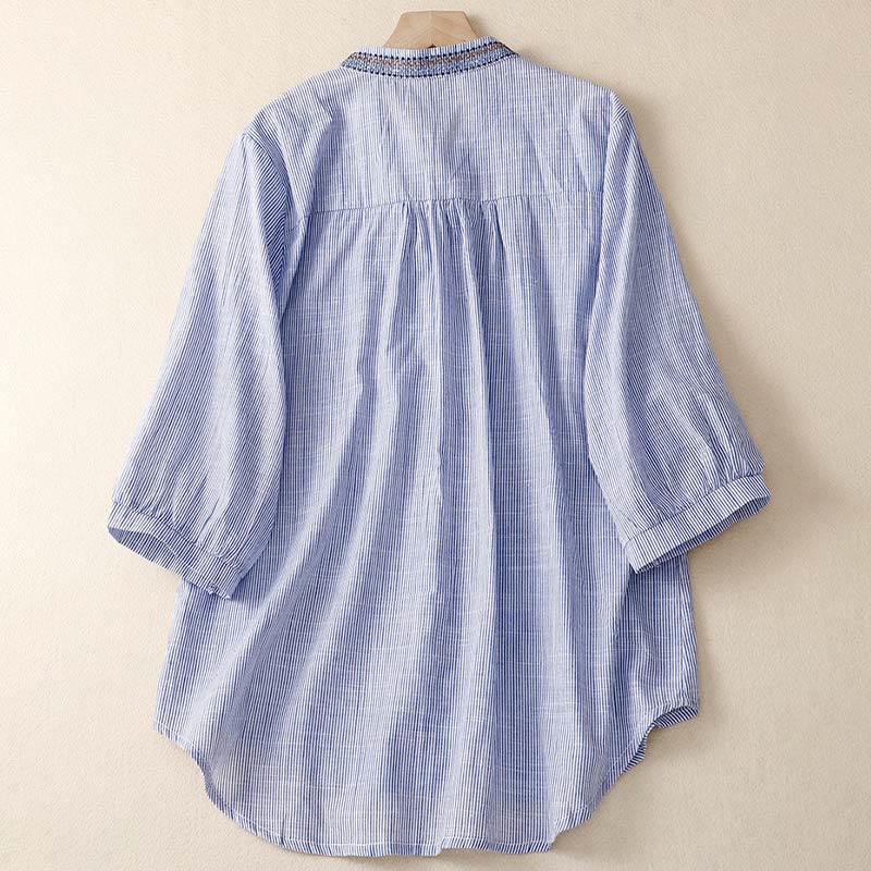 Camicia casual da donna in cotone e lino con scollo a V e maniche corte, motivo a fiori ricamati in Boemia, motivo Buddha Stones - Image 7