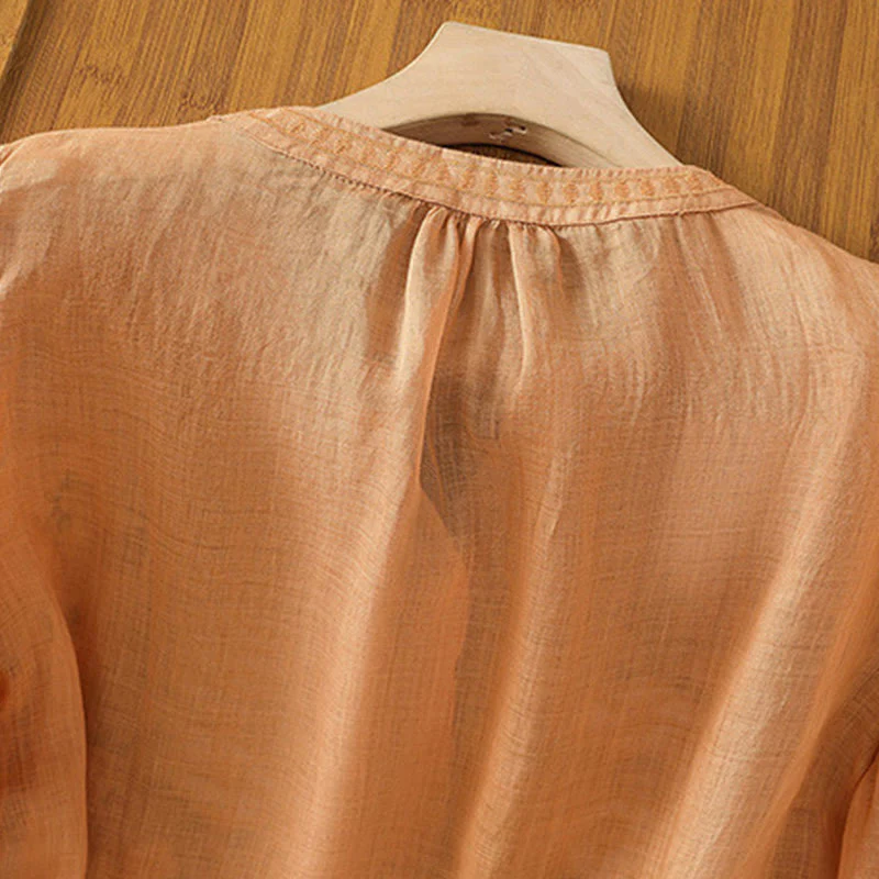 Camicia casual da donna in cotone e lino con scollo a V, maniche corte, motivo ricamato con fiori e foglie verdi, motivo Buddha Stones - Image 22