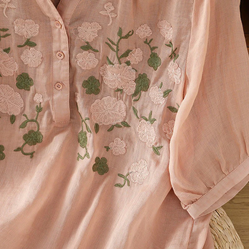 Camicia casual da donna in cotone e lino con scollo a V, maniche corte, motivo ricamato con fiori e foglie verdi, motivo Buddha Stones - Image 9