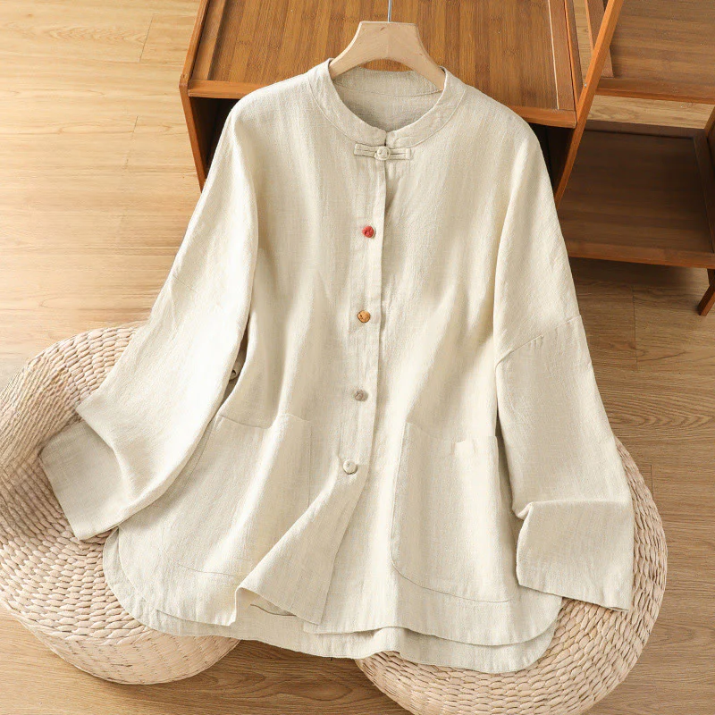 Camicia casual da donna in cotone e poliestere con maniche lunghe e bottoni a rana, Buddha Stones, con tasche
