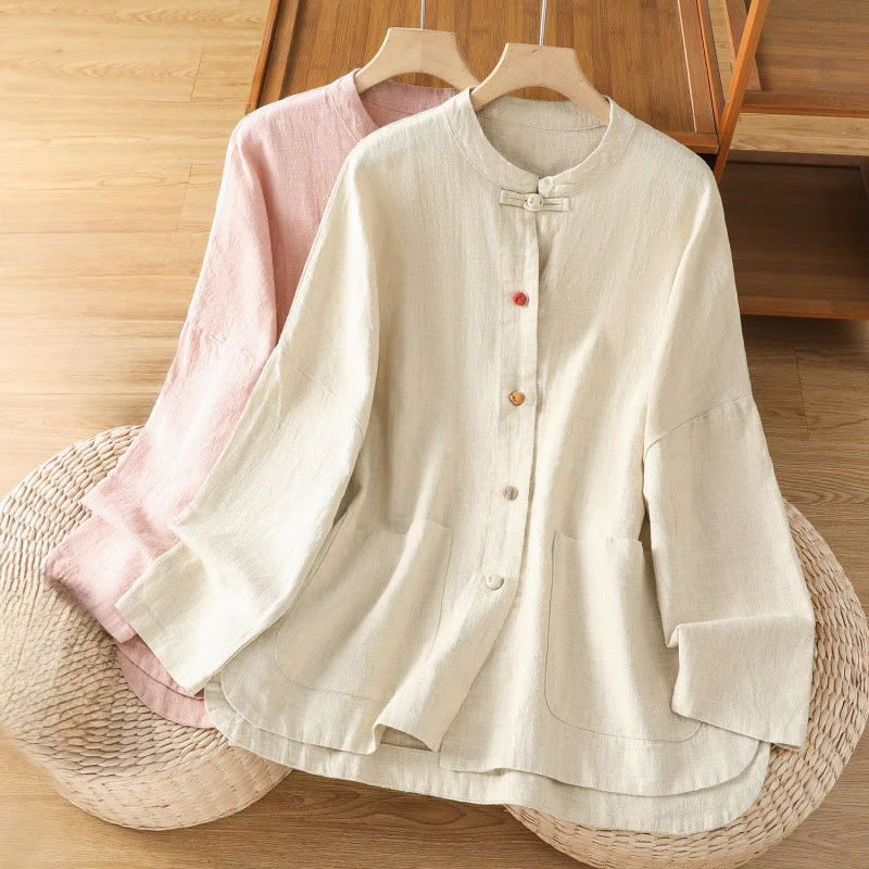 Camicia casual da donna in cotone e poliestere con maniche lunghe e bottoni a rana, Buddha Stones, con tasche - Image 18