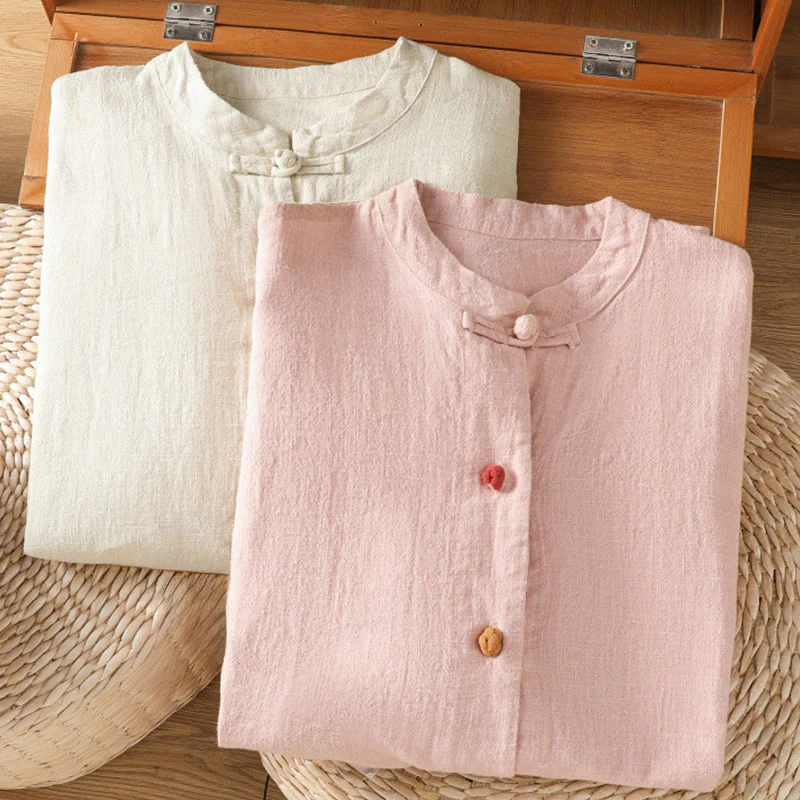 Camicia casual da donna in cotone e poliestere con maniche lunghe e bottoni a rana, Buddha Stones, con tasche - Image 19