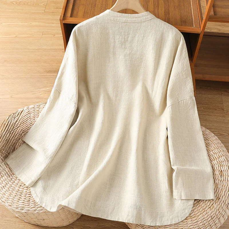 Camicia casual da donna in cotone e poliestere con maniche lunghe e bottoni a rana, Buddha Stones, con tasche - Image 2