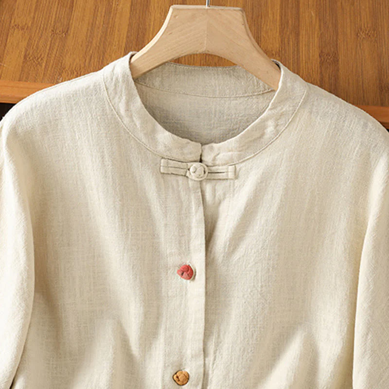 Camicia casual da donna in cotone e poliestere con maniche lunghe e bottoni a rana, Buddha Stones, con tasche - Image 3