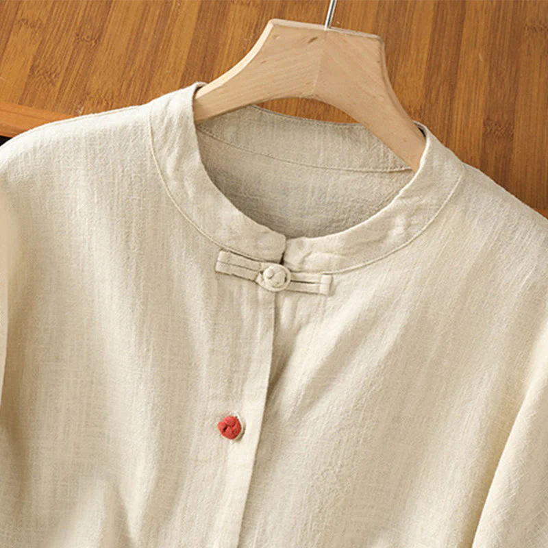 Camicia casual da donna in cotone e poliestere con maniche lunghe e bottoni a rana, Buddha Stones, con tasche - Image 4