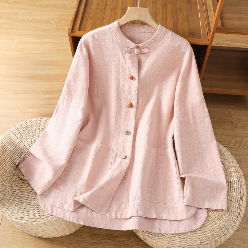 Camicia casual da donna in cotone e poliestere con maniche lunghe e bottoni a rana, Buddha Stones, con tasche - Image 9