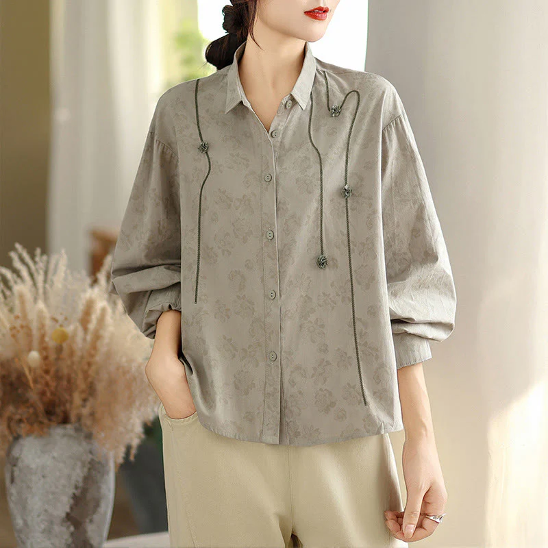 Camicia casual da donna in poliestere a maniche lunghe con fiori ricamati Buddha Stones