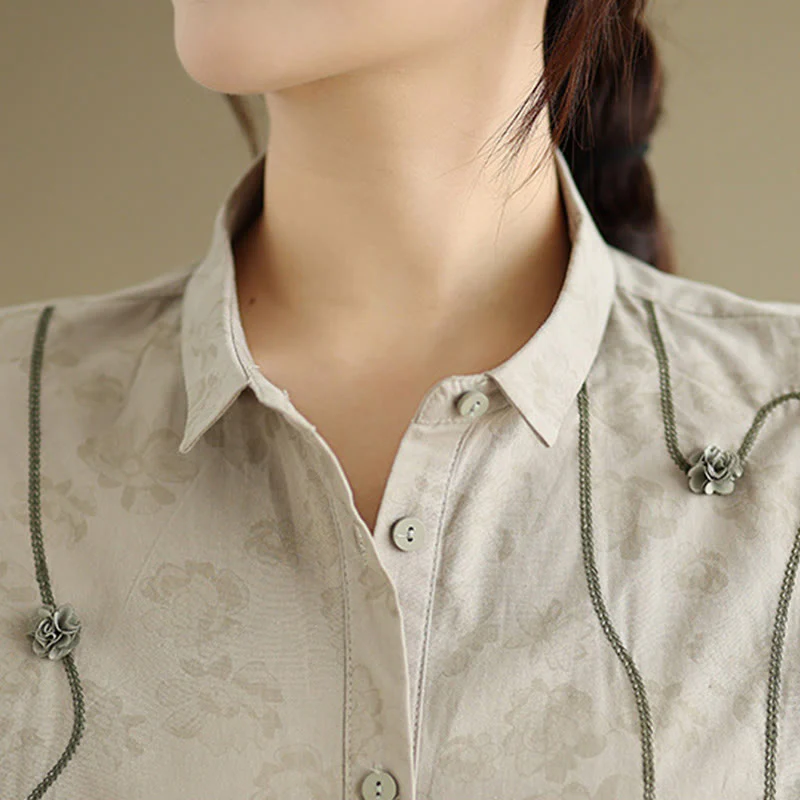 Camicia casual da donna in poliestere a maniche lunghe con fiori ricamati Buddha Stones - Image 13