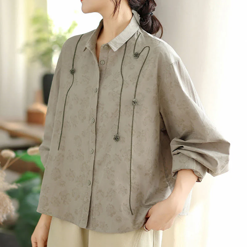 Camicia casual da donna in poliestere a maniche lunghe con fiori ricamati Buddha Stones - Image 3