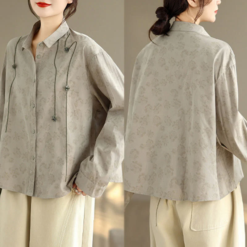 Camicia casual da donna in poliestere a maniche lunghe con fiori ricamati Buddha Stones - Image 4