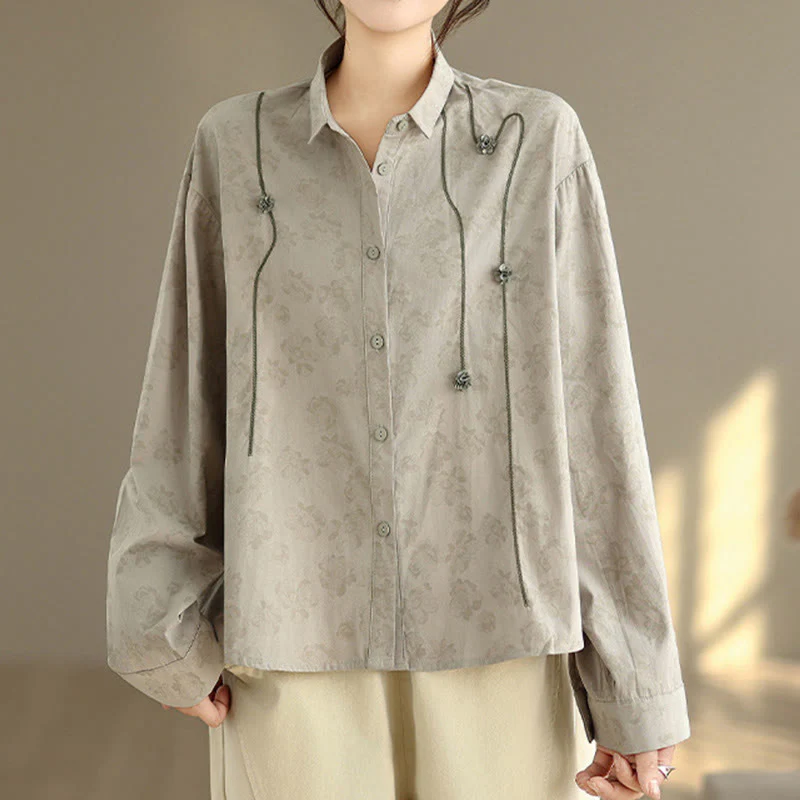 Camicia casual da donna in poliestere a maniche lunghe con fiori ricamati Buddha Stones - Image 5