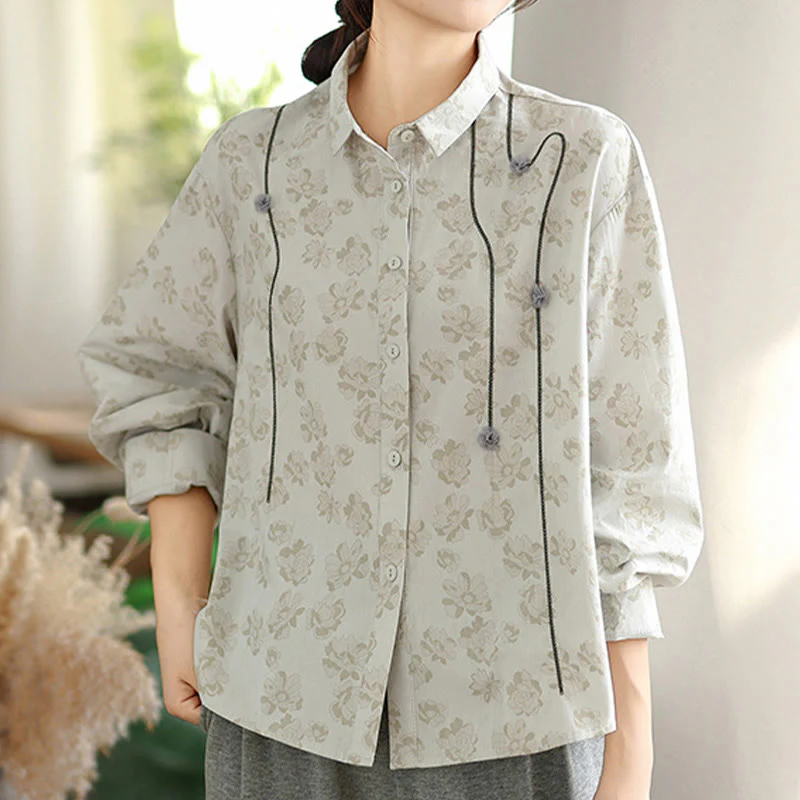 Camicia casual da donna in poliestere a maniche lunghe con fiori ricamati Buddha Stones - Image 8