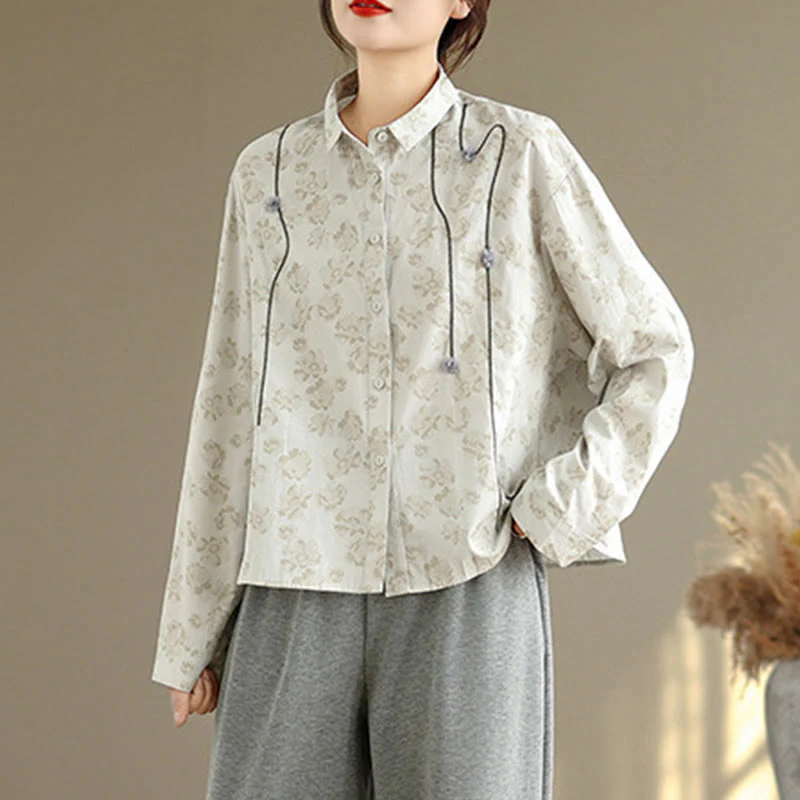 Camicia casual da donna in poliestere a maniche lunghe con fiori ricamati Buddha Stones - Image 9