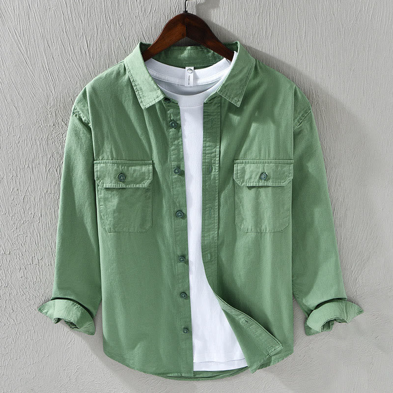 Camicia casual in cotone di colore puro con colletto rovesciato a maniche lunghe da uomo Buddha Stones con tasca - Image 10