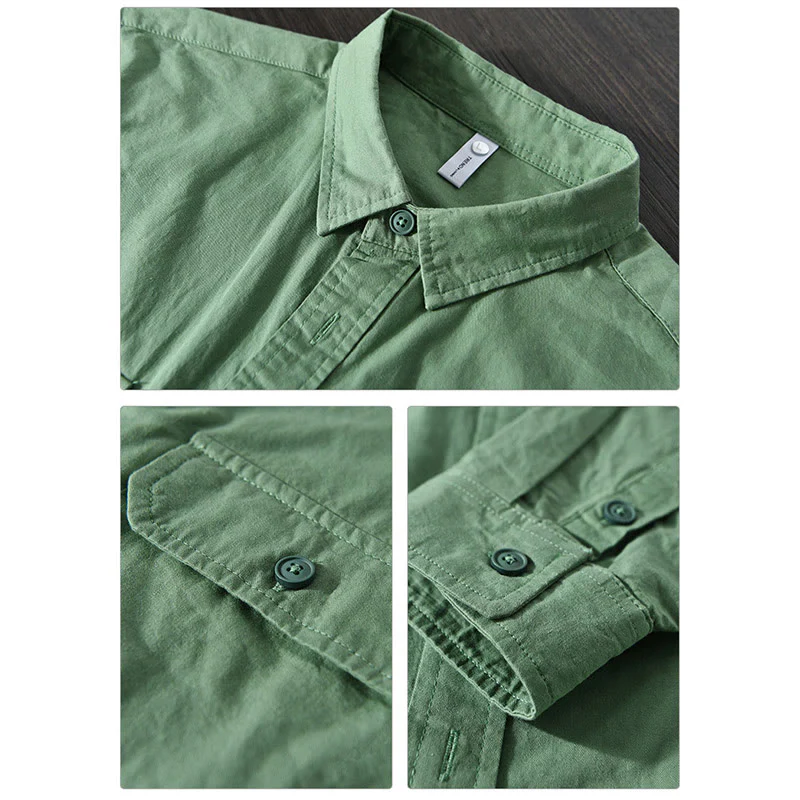 Camicia casual in cotone di colore puro con colletto rovesciato a maniche lunghe da uomo Buddha Stones con tasca - Image 11