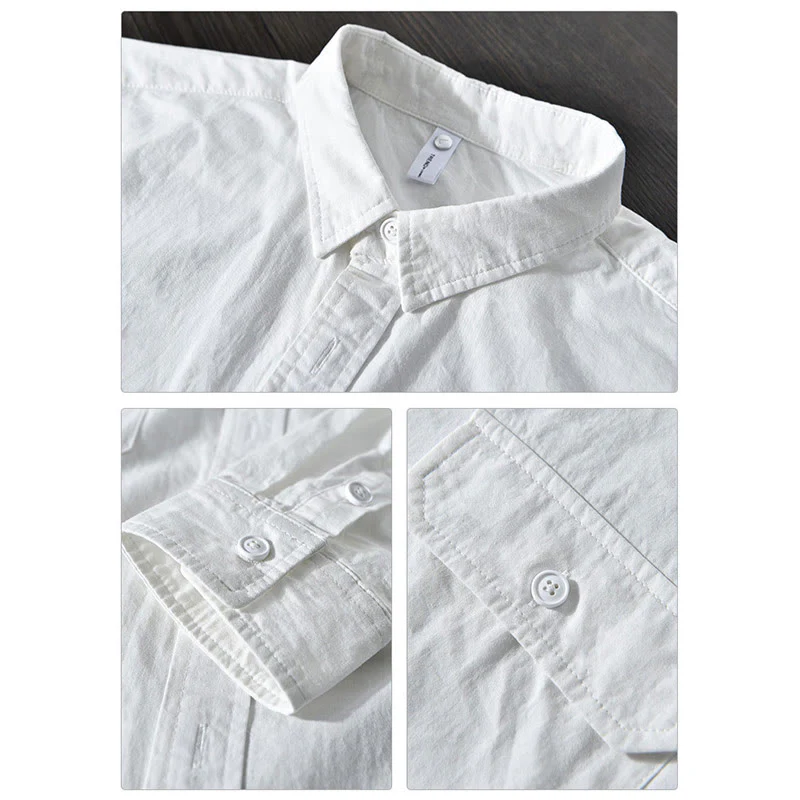 Camicia casual in cotone di colore puro con colletto rovesciato a maniche lunghe da uomo Buddha Stones con tasca - Image 13