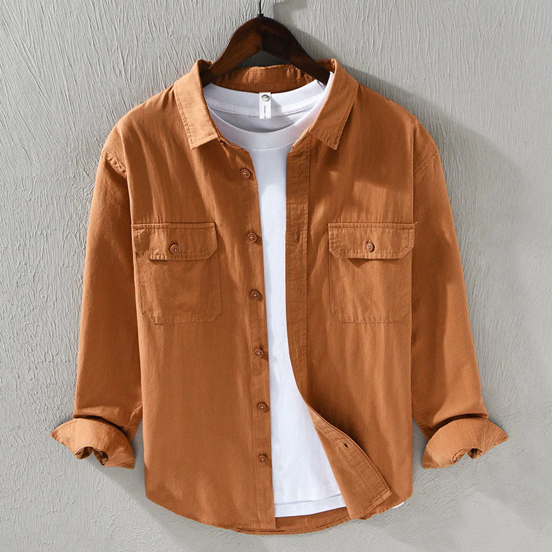 Camicia casual in cotone di colore puro con colletto rovesciato a maniche lunghe da uomo Buddha Stones con tasca - Image 14
