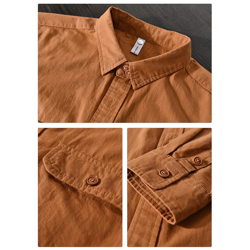 Camicia casual in cotone di colore puro con colletto rovesciato a maniche lunghe da uomo Buddha Stones con tasca - Image 15