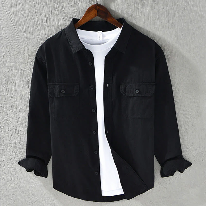 Camicia casual in cotone di colore puro con colletto rovesciato a maniche lunghe da uomo Buddha Stones con tasca - Image 16