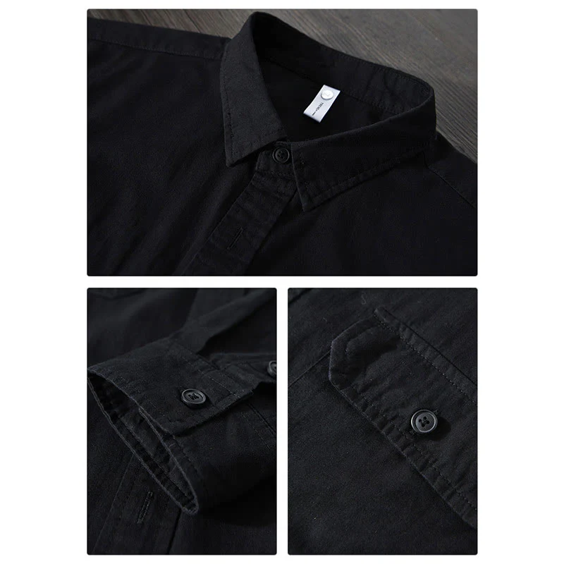 Camicia casual in cotone di colore puro con colletto rovesciato a maniche lunghe da uomo Buddha Stones con tasca - Image 17