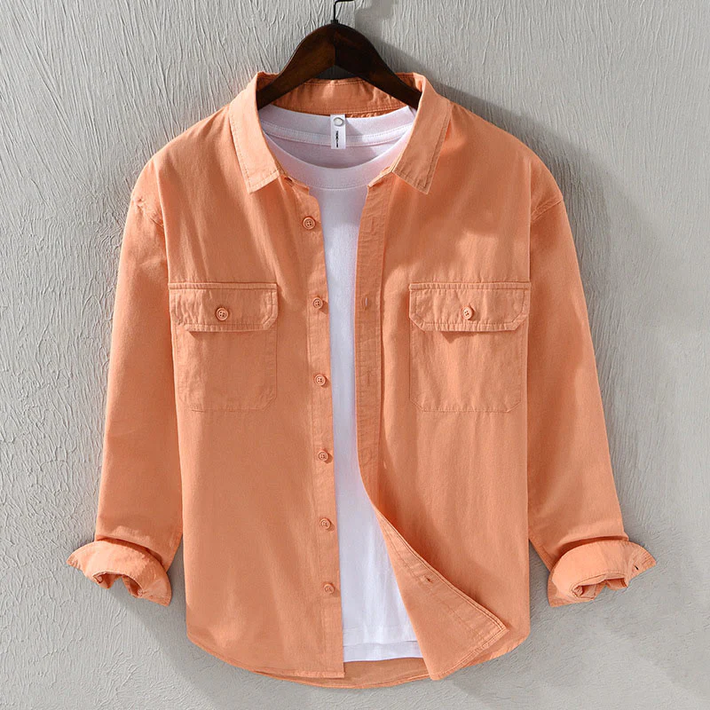 Camicia casual in cotone di colore puro con colletto rovesciato a maniche lunghe da uomo Buddha Stones con tasca - Image 18