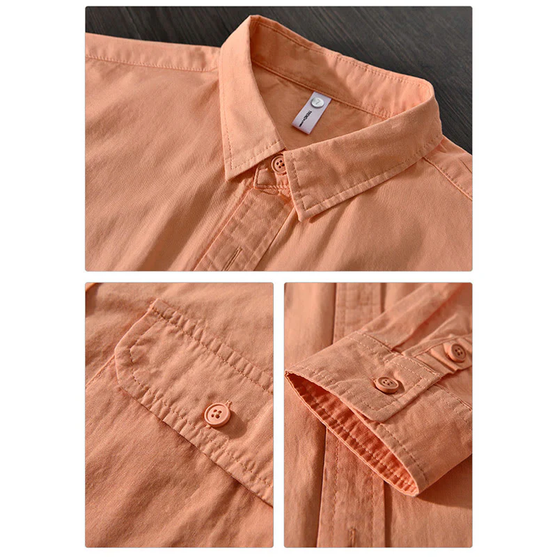 Camicia casual in cotone di colore puro con colletto rovesciato a maniche lunghe da uomo Buddha Stones con tasca - Image 19