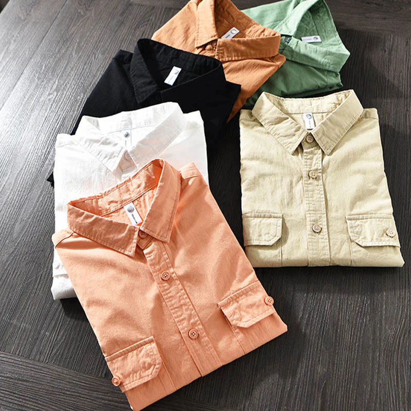 Camicia casual in cotone di colore puro con colletto rovesciato a maniche lunghe da uomo Buddha Stones con tasca - Image 2